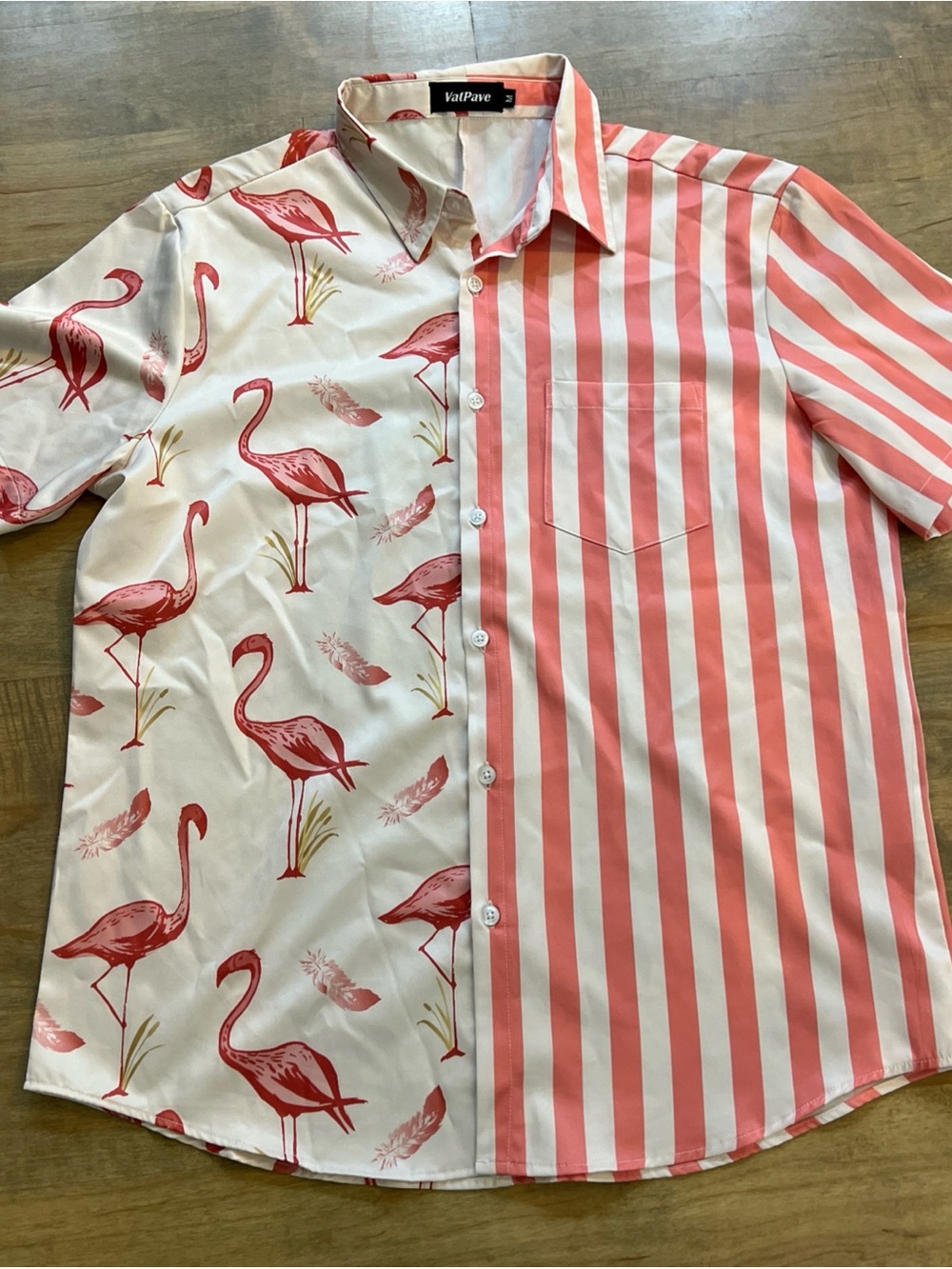 VatPave Men’s Coral Stripe & Flamingo Print Button-Down Shirt